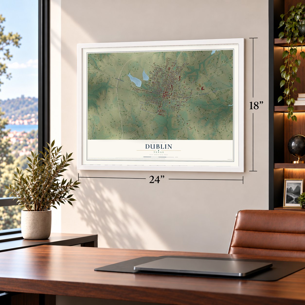 Dublin, Texas map, 18 x 24 inch print in a white frame in a home office