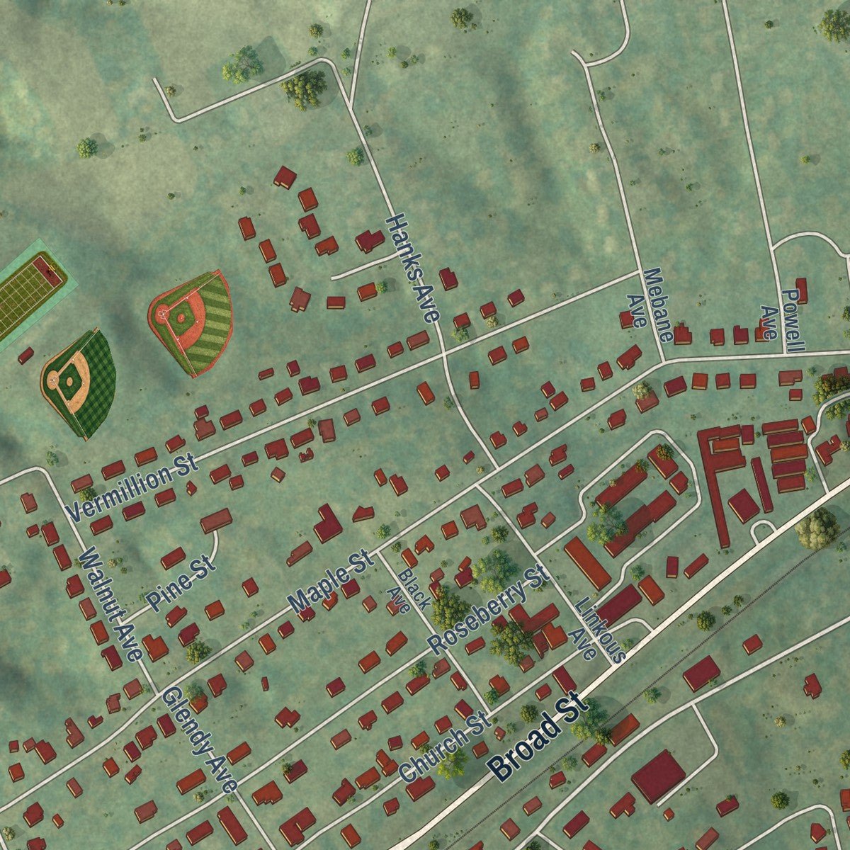 Second close-up of the map of Dublin, Virginia print showing more streets and buildings