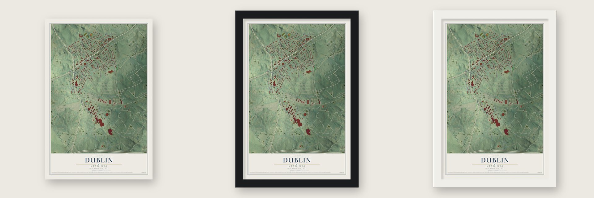 Dublin, Virginia map unframed, in a black wood frame and in a white wood frame