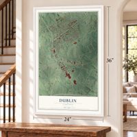 Dublin, Virginia map, 24 x 36 inch print in a white frame by a staircase