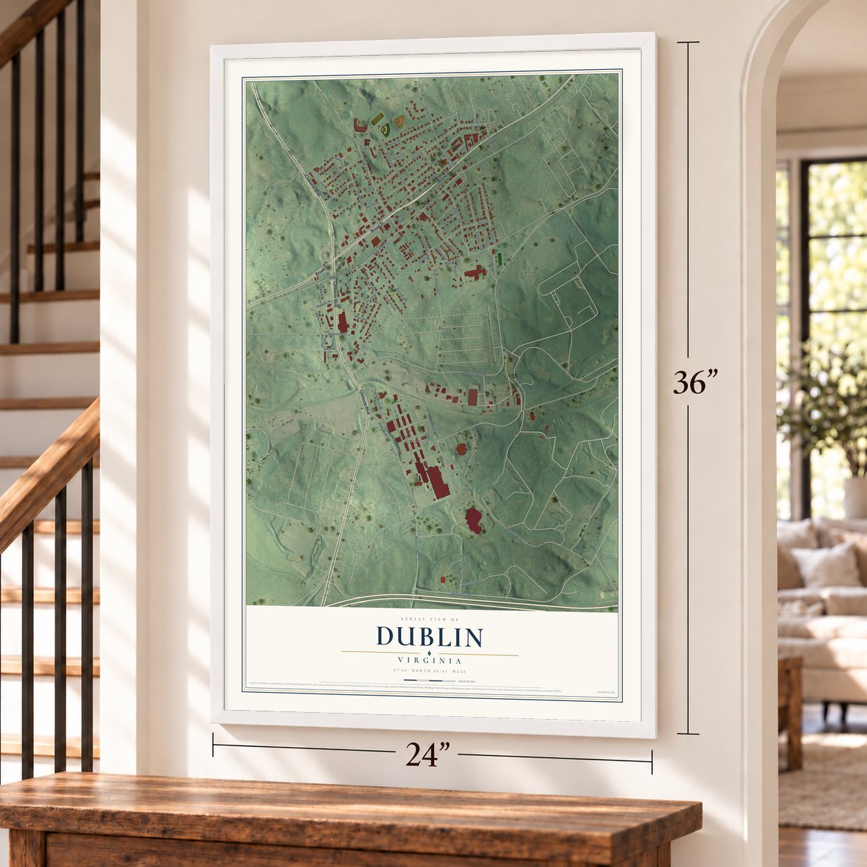 Dublin, Virginia map, 24 x 36 inch print in a white frame by a staircase