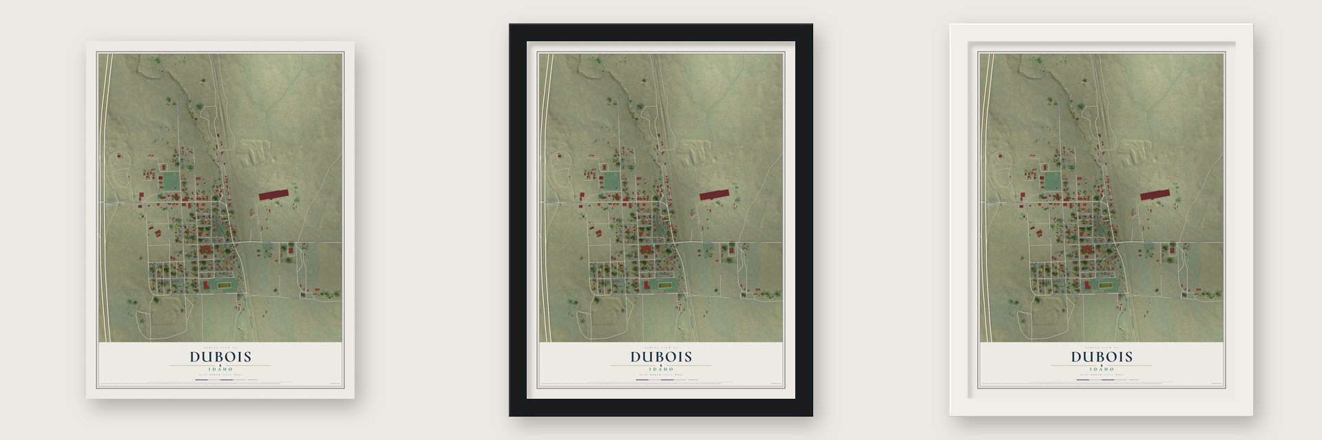 Dubois, Idaho map unframed, in a black wood frame and in a white wood frame