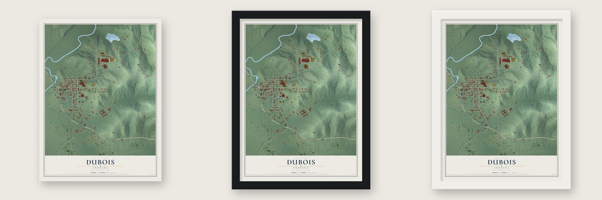 Dubois, Indiana map unframed, in a black wood frame and in a white wood frame