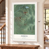 Dubois, Indiana map, 24 x 36 inch print in a white frame by a staircase