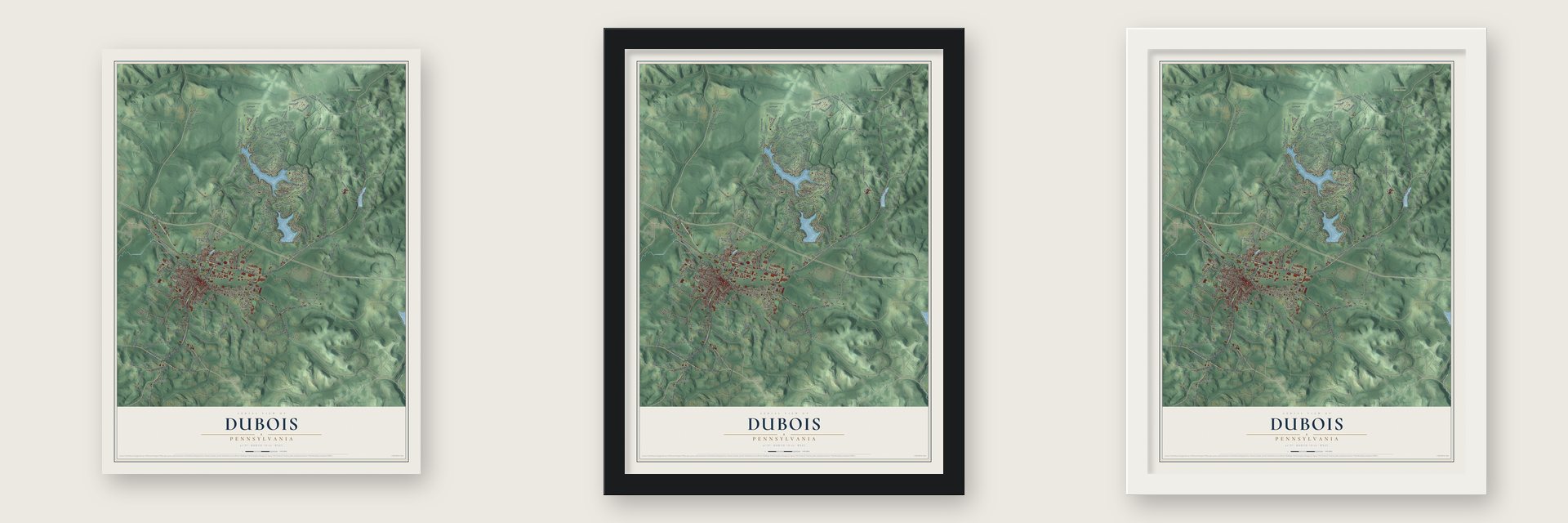 DuBois, Pennsylvania map unframed, in a black wood frame and in a white wood frame
