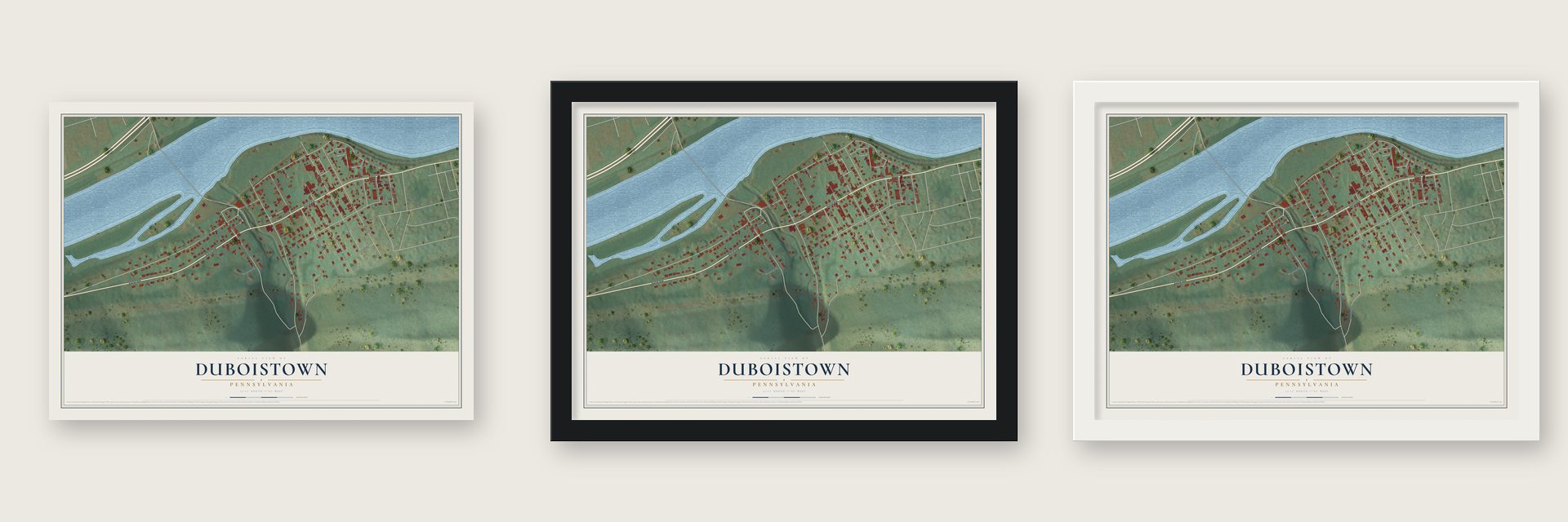 Duboistown, Pennsylvania map unframed, in a black wood frame and in a white wood frame