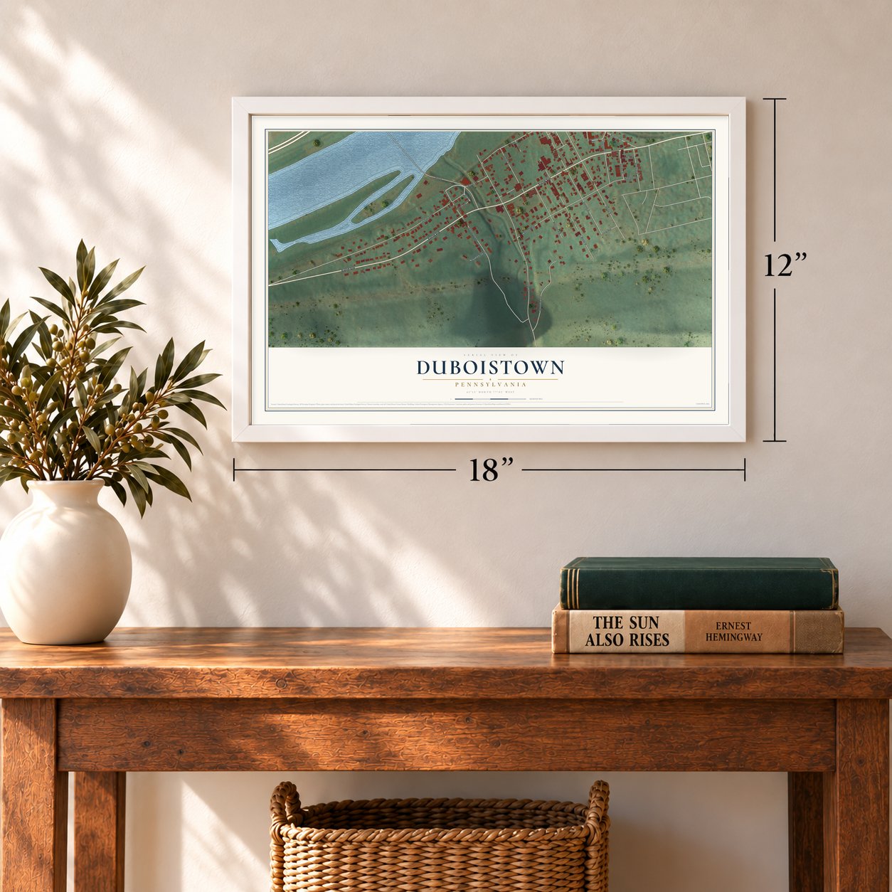 Duboistown, Pennsylvania map, 12 x 18 inch print in a white frame in an entryway