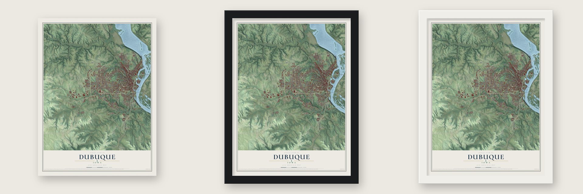 Dubuque, Iowa map unframed, in a black wood frame and in a white wood frame