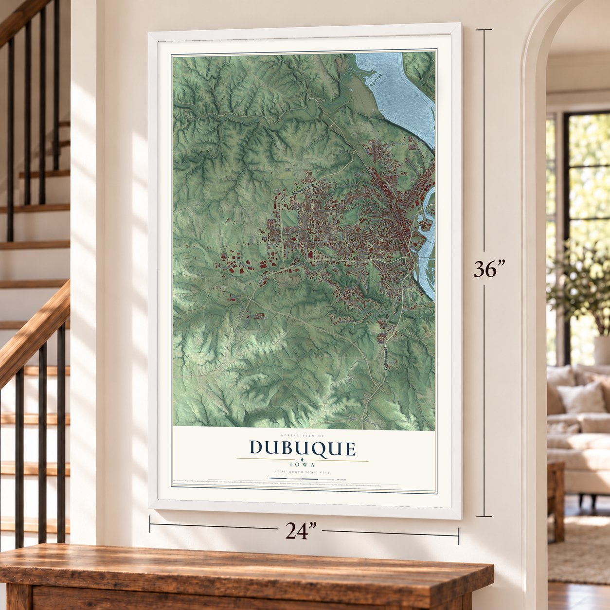 Dubuque, Iowa map, 24 x 36 inch print in a white frame by a staircase