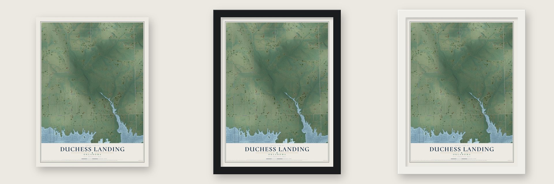 Duchess Landing, Oklahoma map unframed, in a black wood frame and in a white wood frame