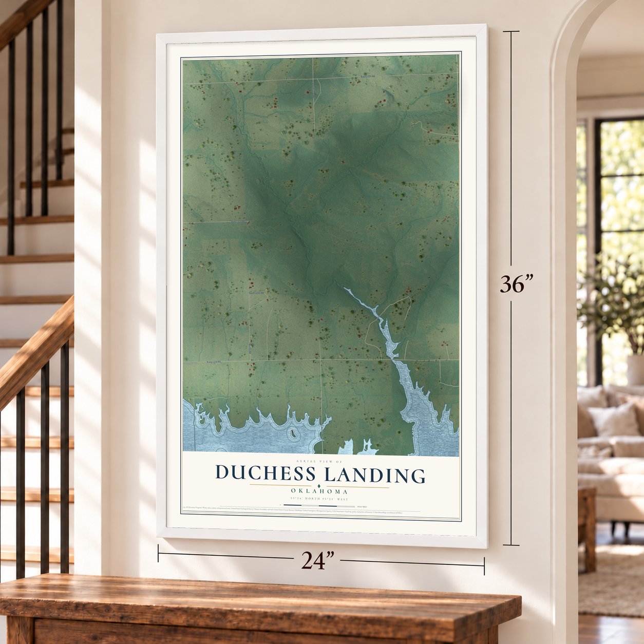 Duchess Landing, Oklahoma map, 24 x 36 inch print in a white frame by a staircase