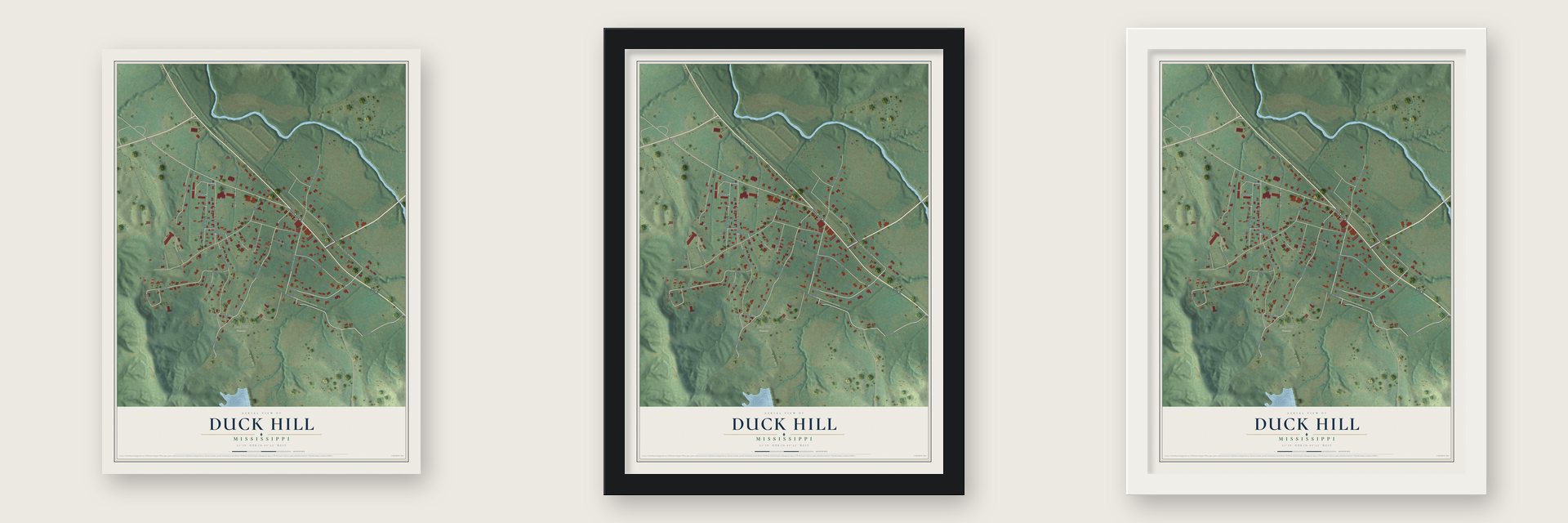 Duck Hill, Mississippi map unframed, in a black wood frame and in a white wood frame