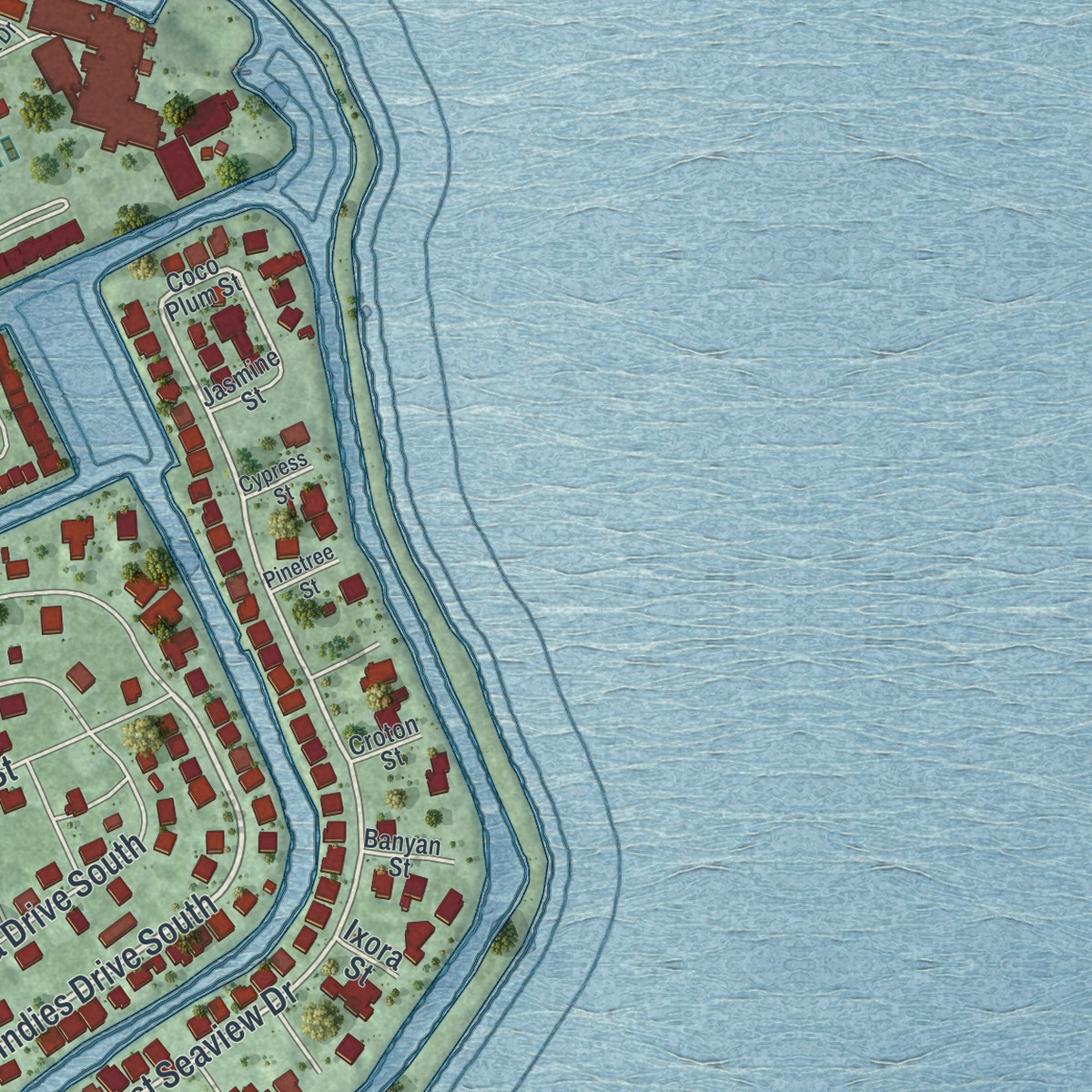 Second close-up of the map of Duck Key, Florida print showing more streets and buildings