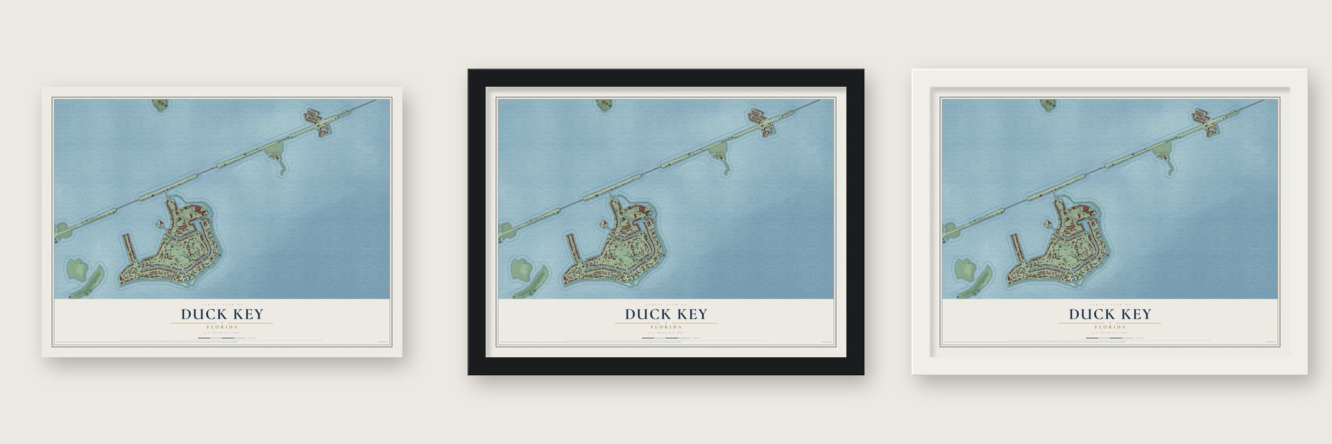 Duck Key, Florida map unframed, in a black wood frame and in a white wood frame