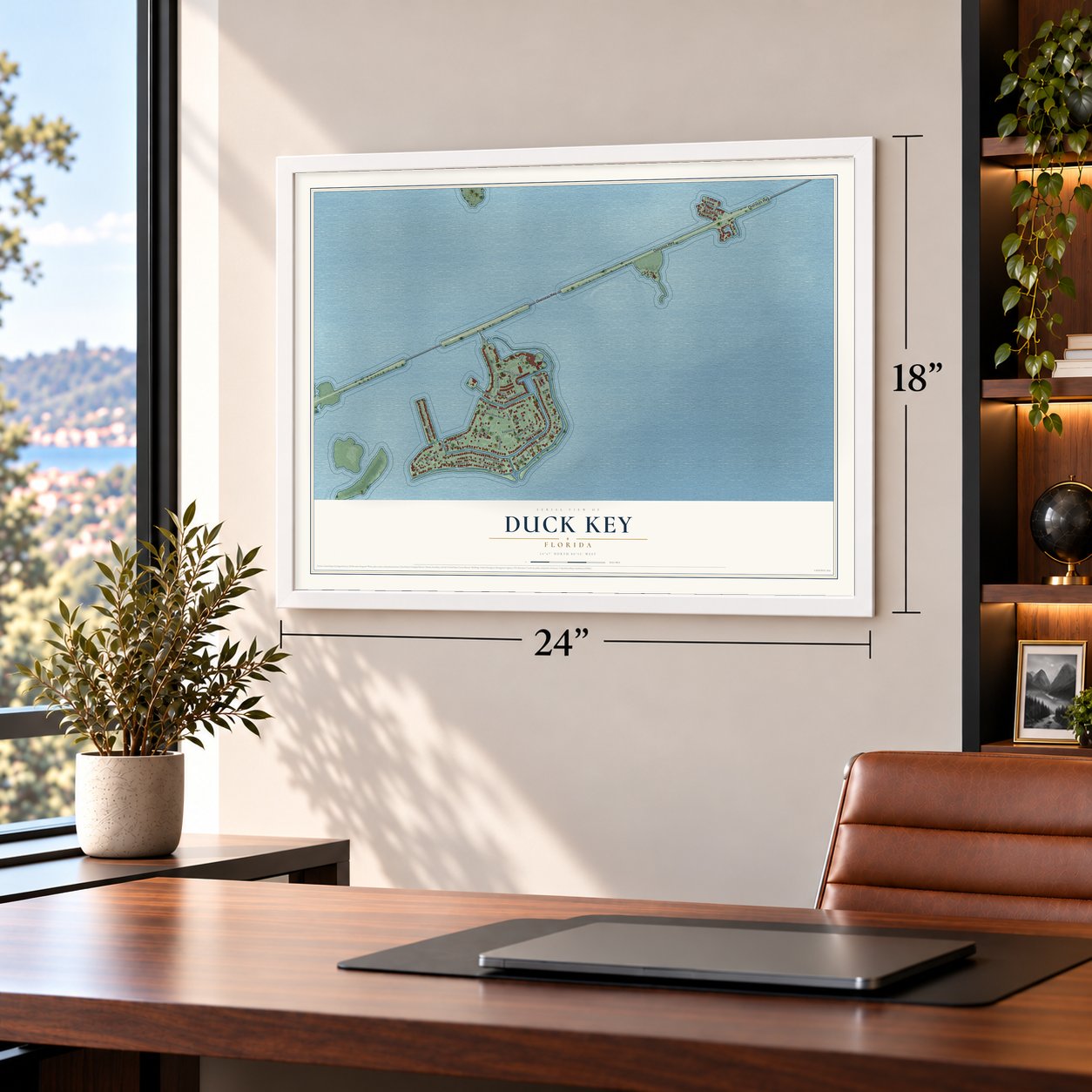 Duck Key, Florida map, 18 x 24 inch print in a white frame in a home office