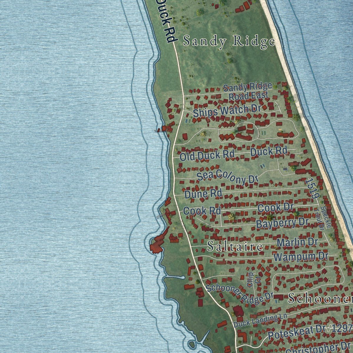 Second close-up of the map of Duck, North Carolina print showing more streets and buildings