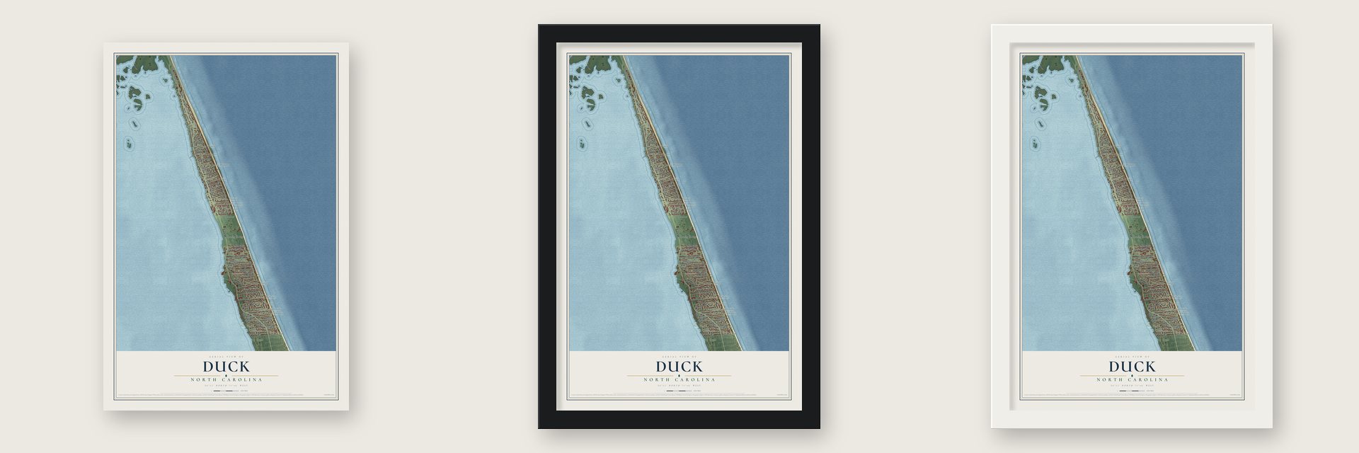 Duck, North Carolina map unframed, in a black wood frame and in a white wood frame