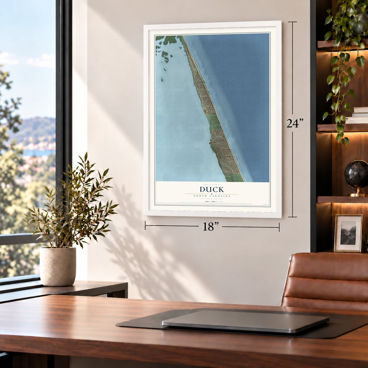 Duck, North Carolina map, 18 x 24 inch print in a white frame in a home office
