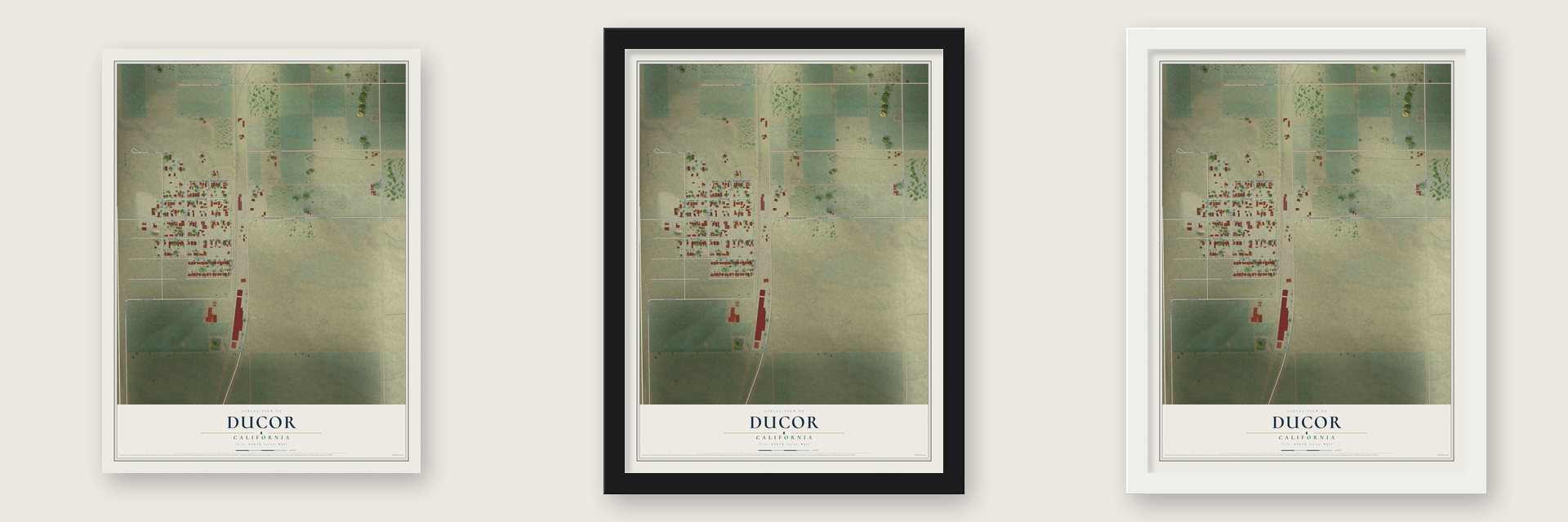 Ducor, California map unframed, in a black wood frame and in a white wood frame