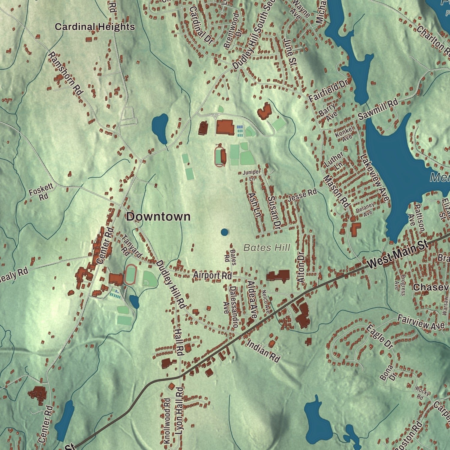 Close-up of the map of Dudley, Massachusetts print showing terrain and local geography