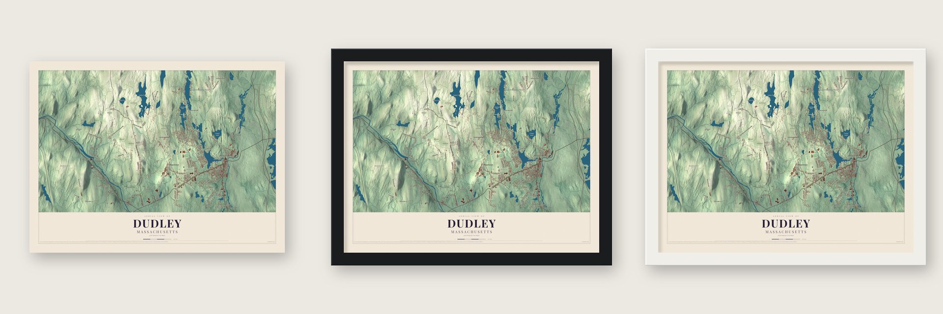 Dudley, Massachusetts map unframed, in a black wood frame and in a white wood frame