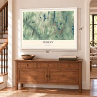 Dudley, Massachusetts map, 24 x 36 inch print in a white frame above a dresser by a staircase