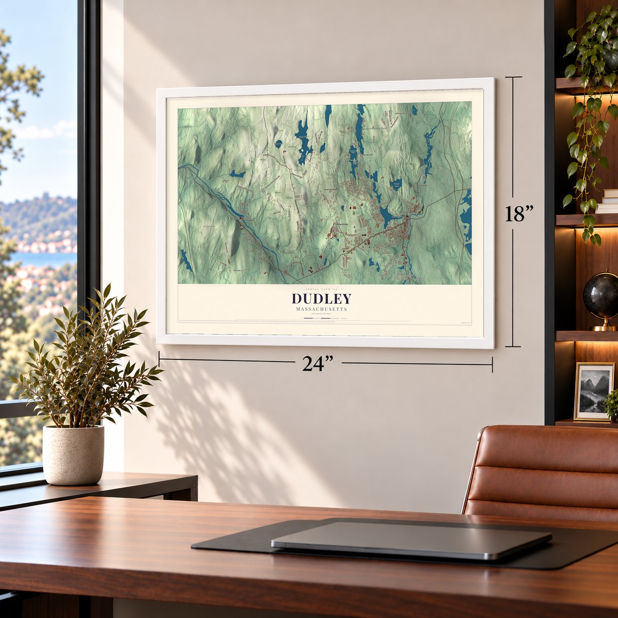 Dudley, Massachusetts map, 18 x 24 inch print in a white frame in a home office