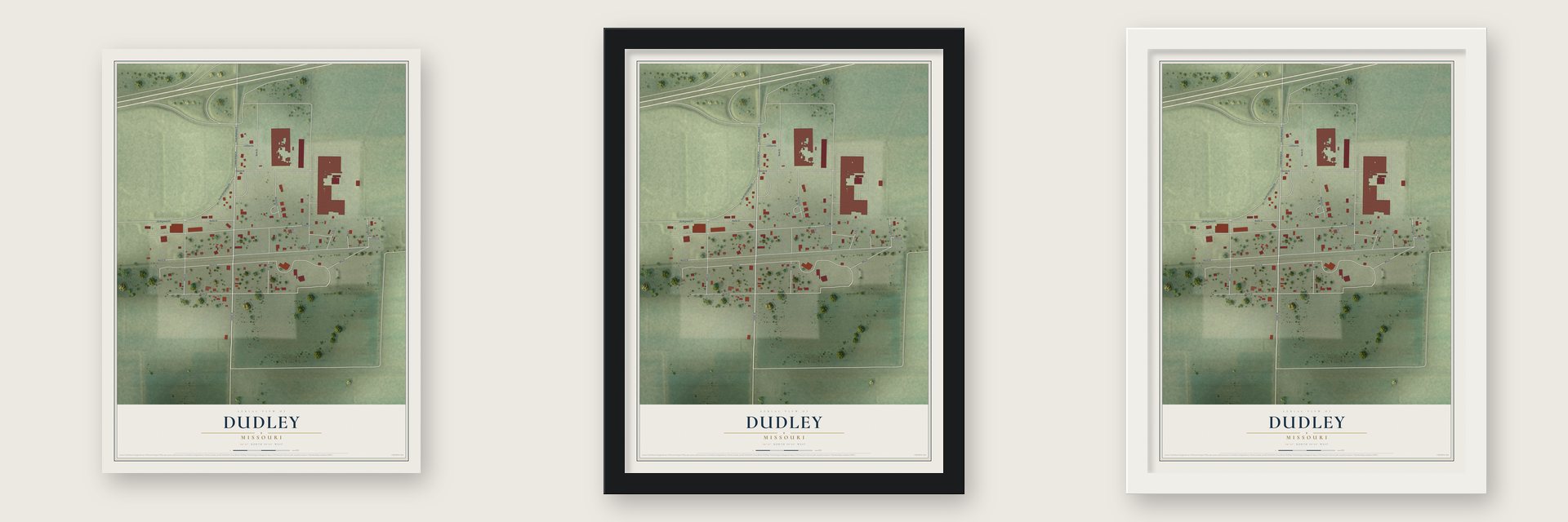 Dudley, Missouri map unframed, in a black wood frame and in a white wood frame