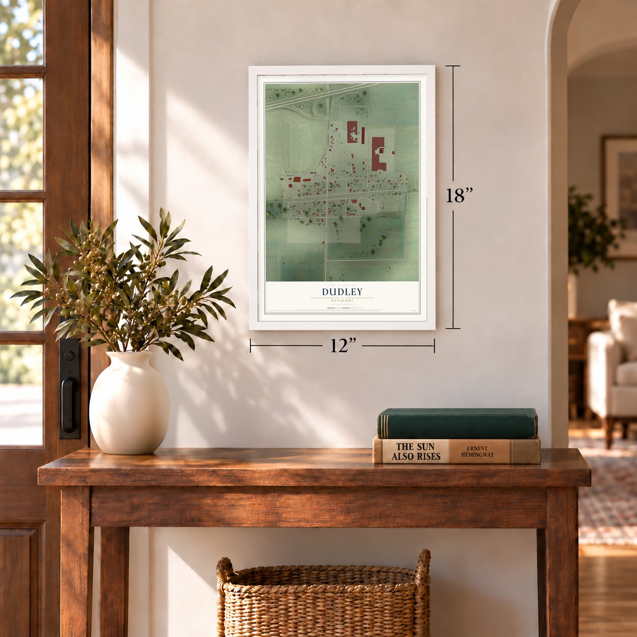 Dudley, Missouri map, 12 x 18 inch print in a white frame in an entryway