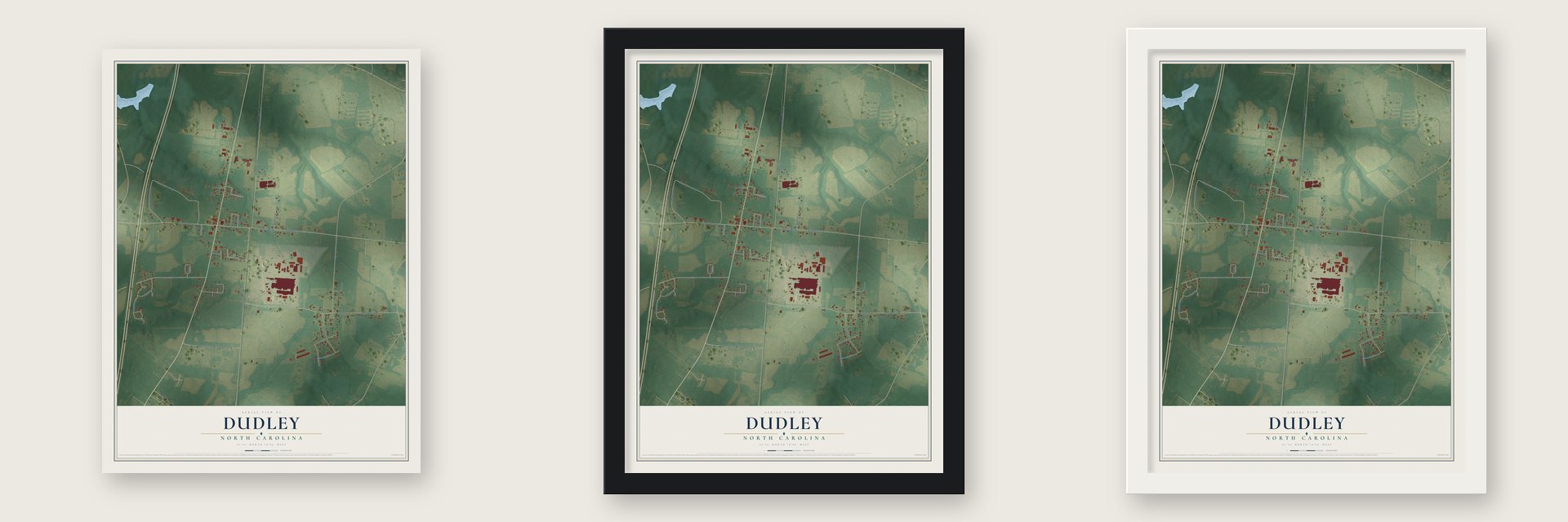 Dudley, North Carolina map unframed, in a black wood frame and in a white wood frame