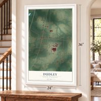 Dudley, North Carolina map, 24 x 36 inch print in a white frame by a staircase