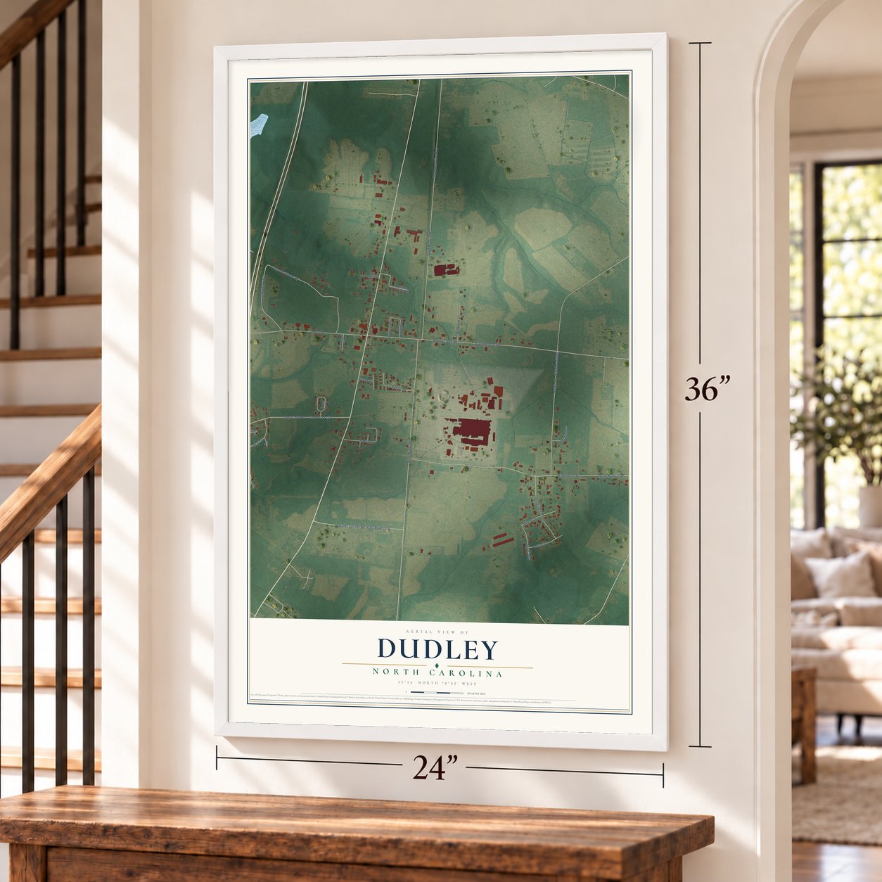 Dudley, North Carolina map, 24 x 36 inch print in a white frame by a staircase