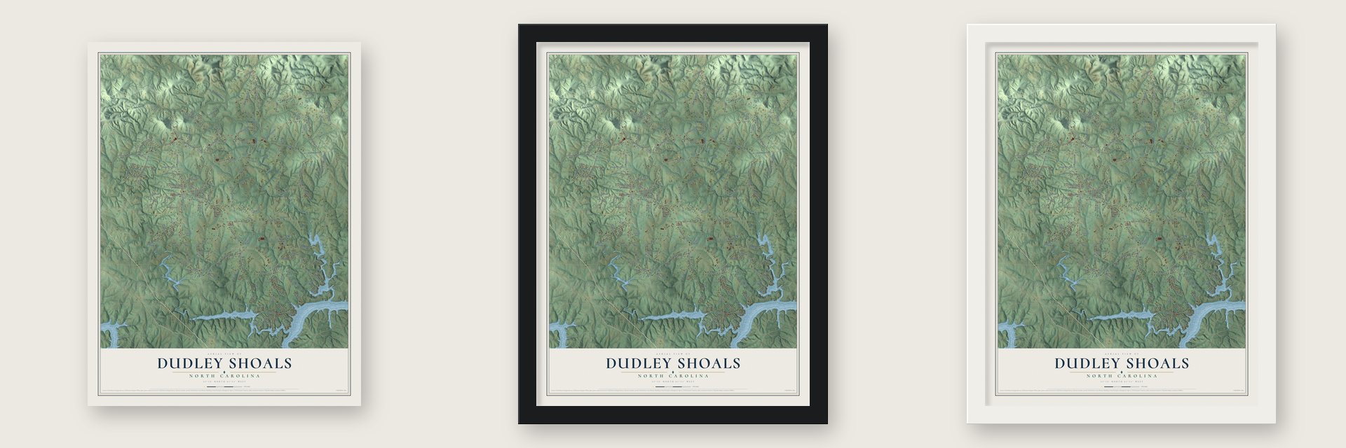 Dudley Shoals, North Carolina map unframed, in a black wood frame and in a white wood frame