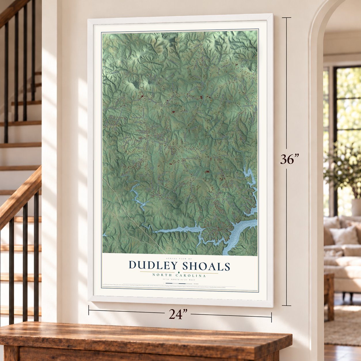 Dudley Shoals, North Carolina map, 24 x 36 inch print in a white frame by a staircase