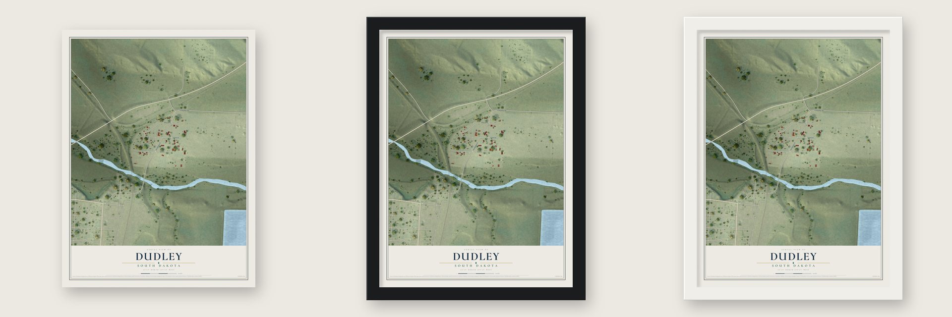Dudley, South Dakota map unframed, in a black wood frame and in a white wood frame