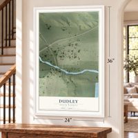 Dudley, South Dakota map, 24 x 36 inch print in a white frame by a staircase
