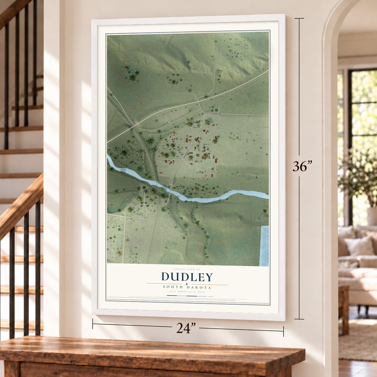 Dudley, South Dakota map, 24 x 36 inch print in a white frame by a staircase