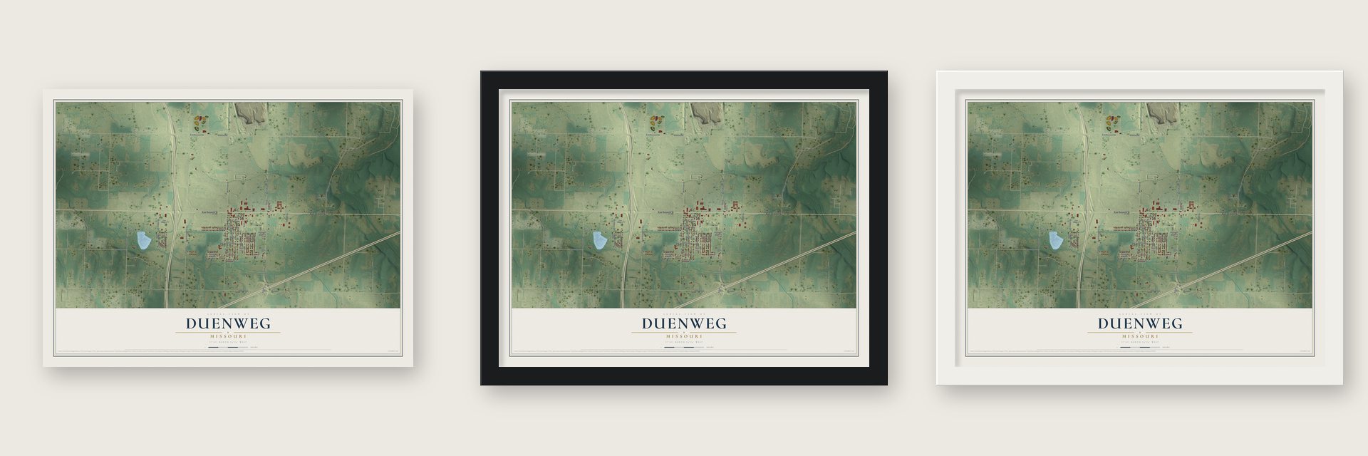 Duenweg, Missouri map unframed, in a black wood frame and in a white wood frame
