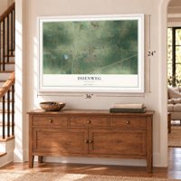 Duenweg, Missouri map, 24 x 36 inch print in a white frame above a dresser by a staircase