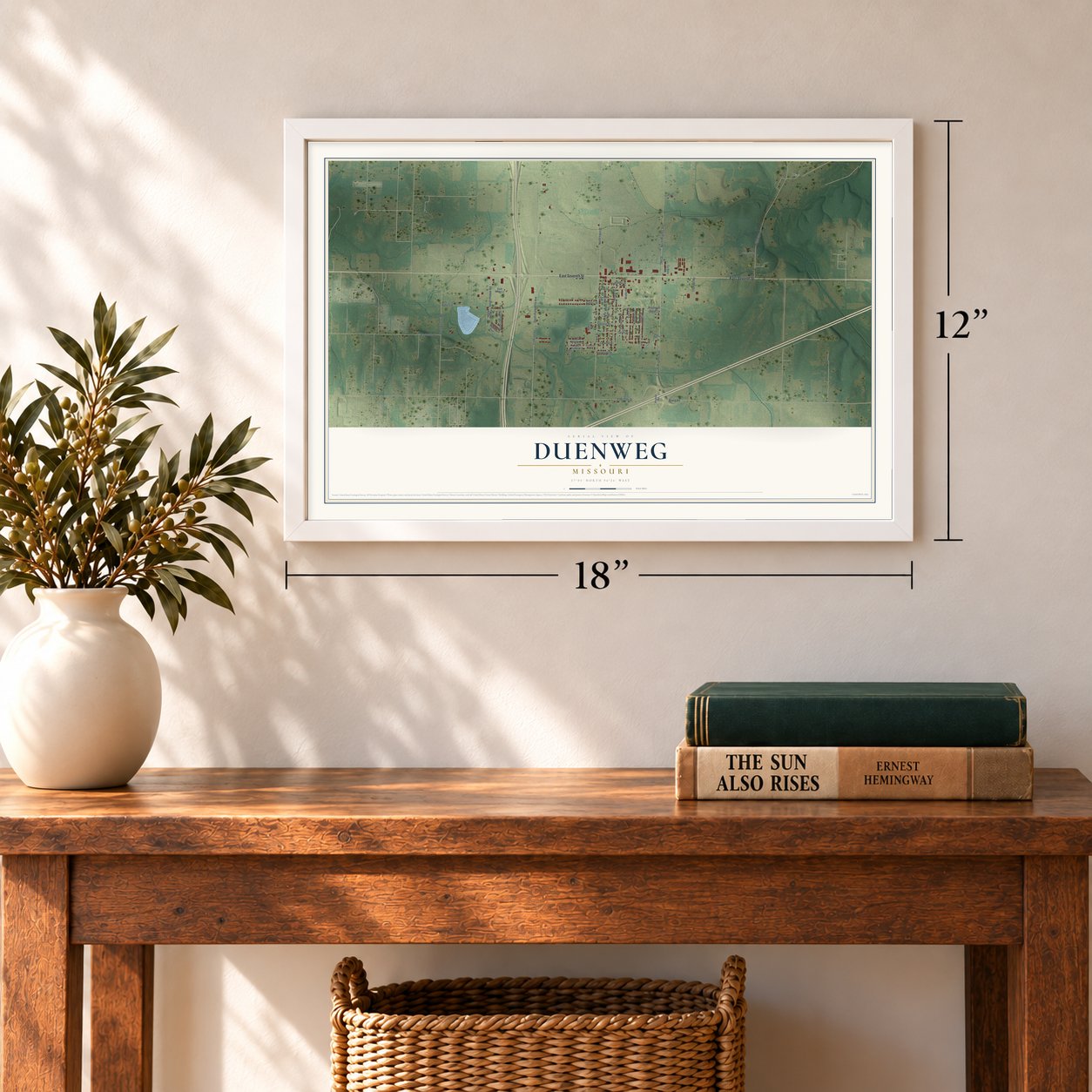 Duenweg, Missouri map, 12 x 18 inch print in a white frame in an entryway