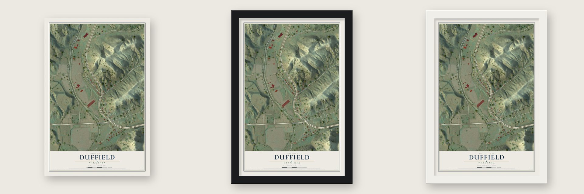 Duffield, Virginia map unframed, in a black wood frame and in a white wood frame