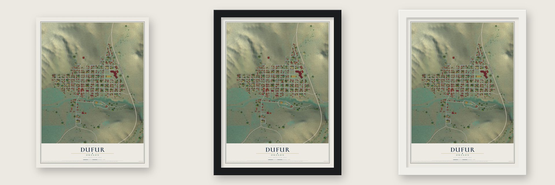 Dufur, Oregon map unframed, in a black wood frame and in a white wood frame