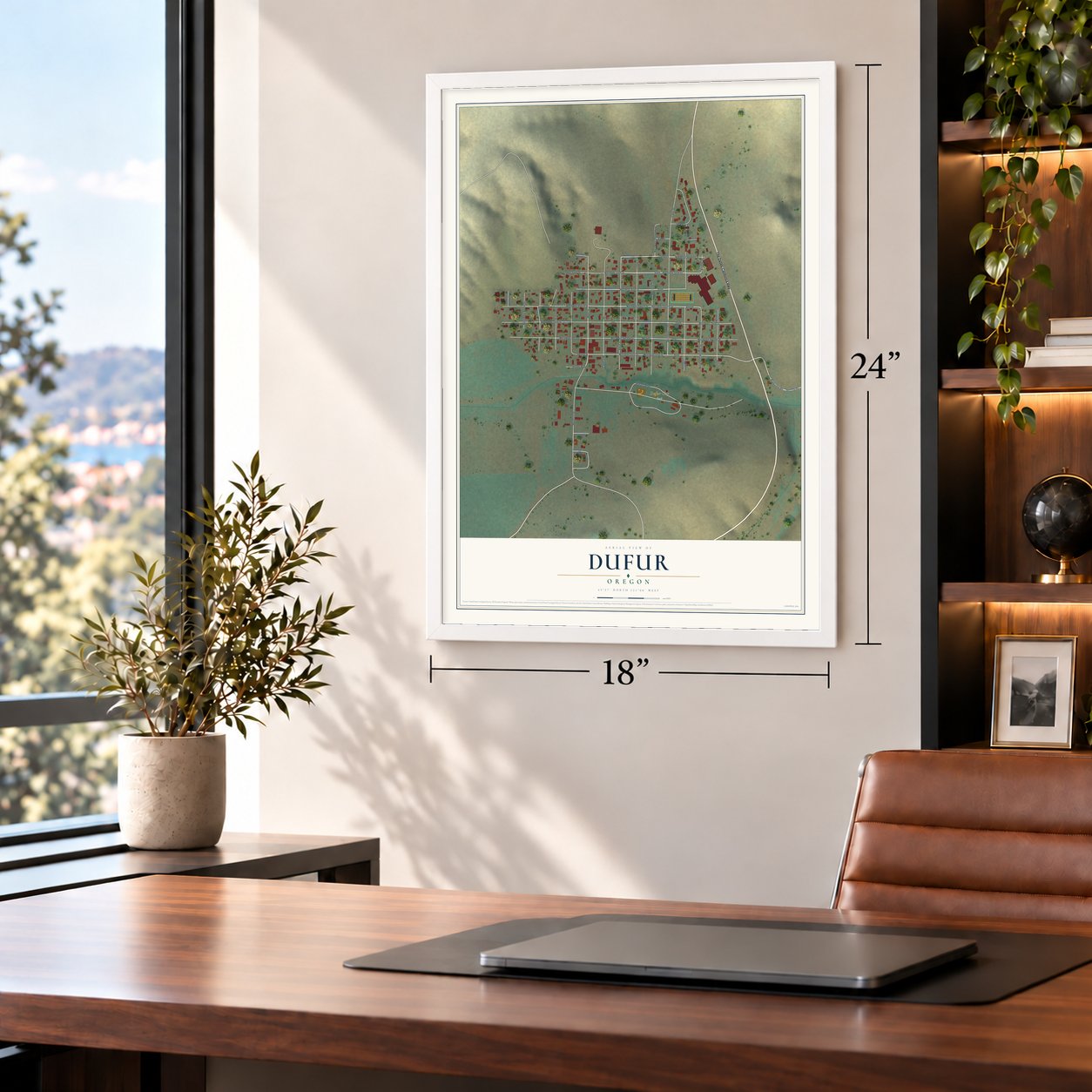 Dufur, Oregon map, 18 x 24 inch print in a white frame in a home office