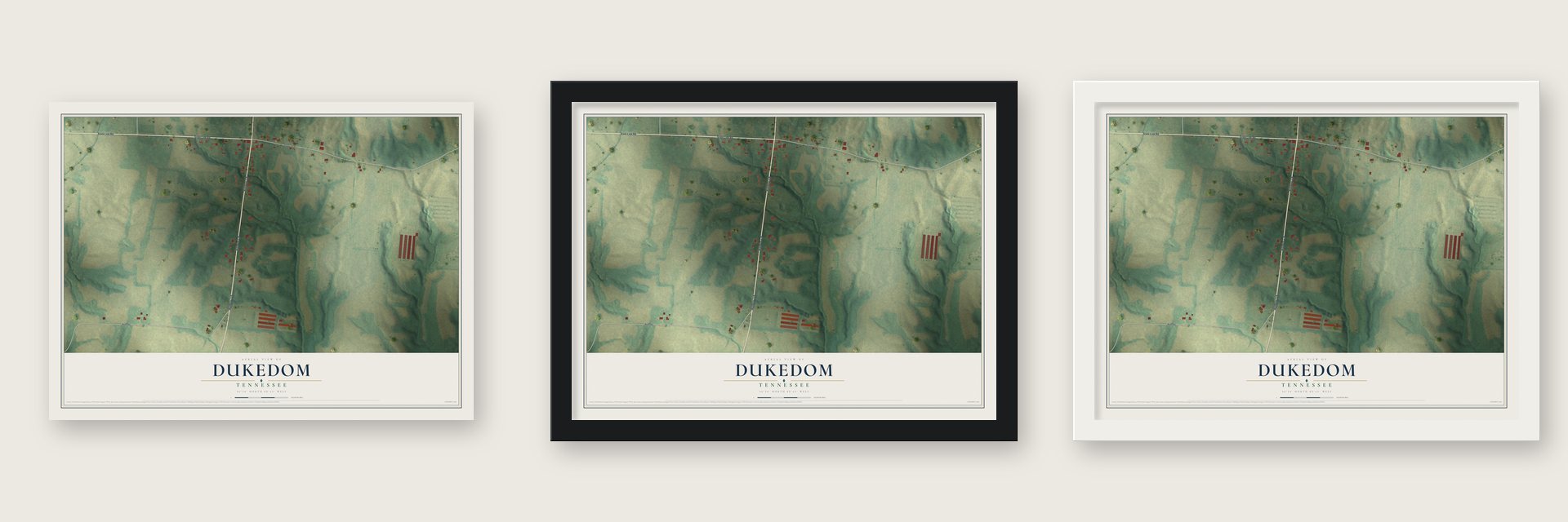 Dukedom, Tennessee map unframed, in a black wood frame and in a white wood frame