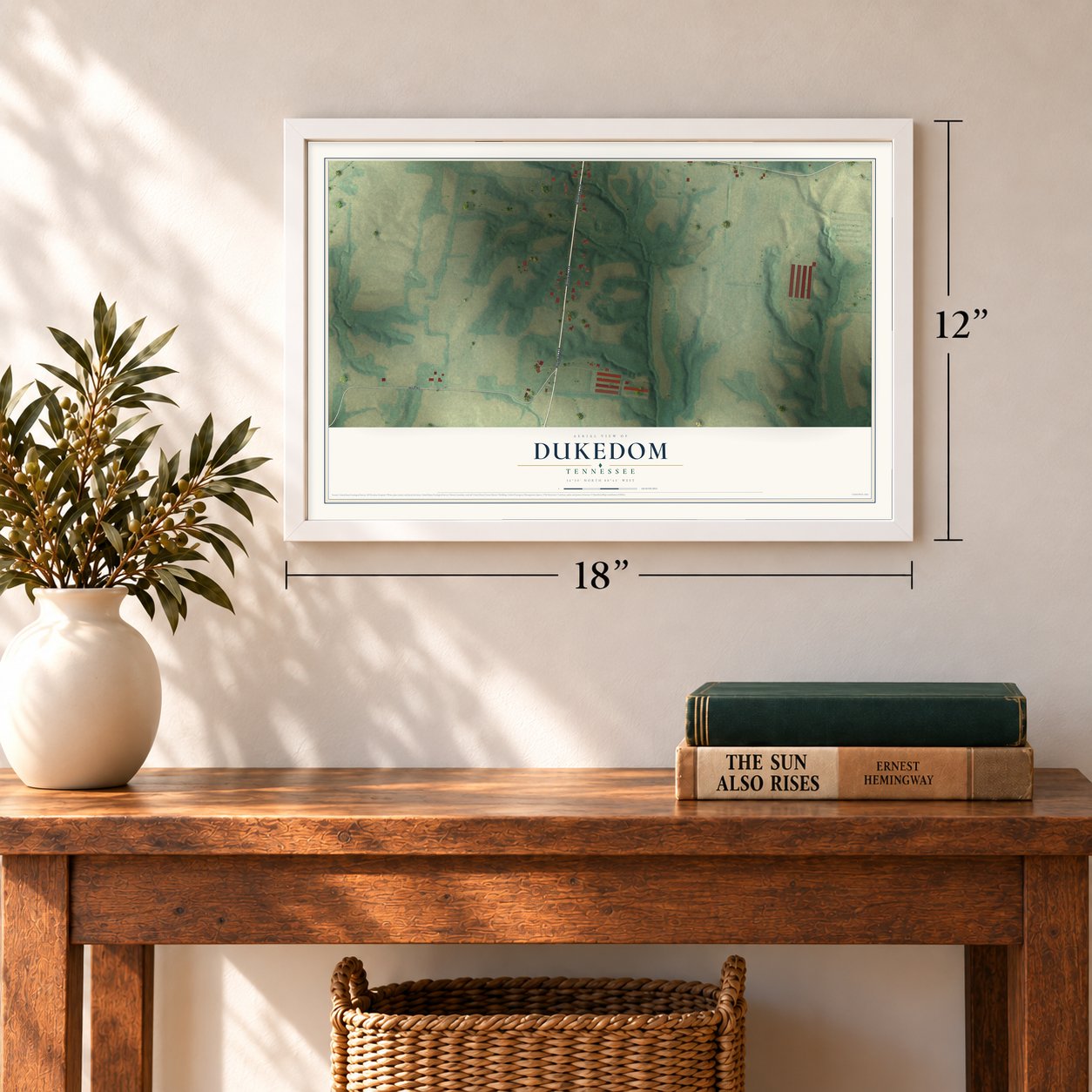 Dukedom, Tennessee map, 12 x 18 inch print in a white frame in an entryway