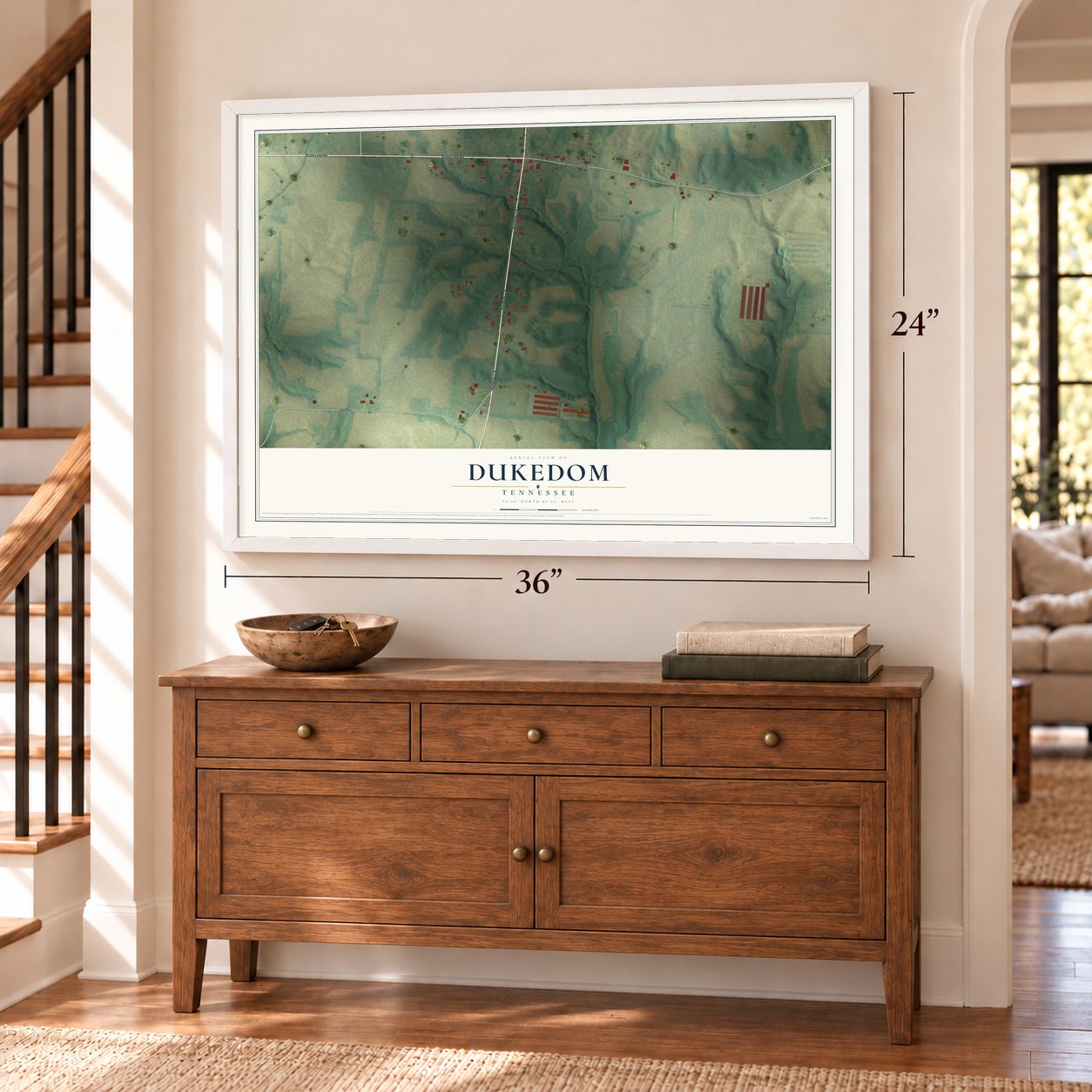 Dukedom, Tennessee map, 24 x 36 inch print in a white frame above a dresser by a staircase