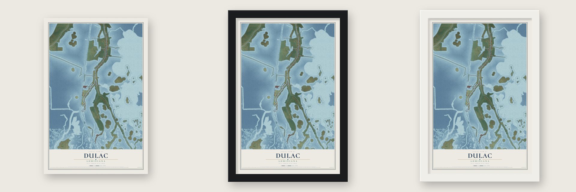 Dulac, Louisiana map unframed, in a black wood frame and in a white wood frame