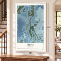 Dulac, Louisiana map, 24 x 36 inch print in a white frame by a staircase