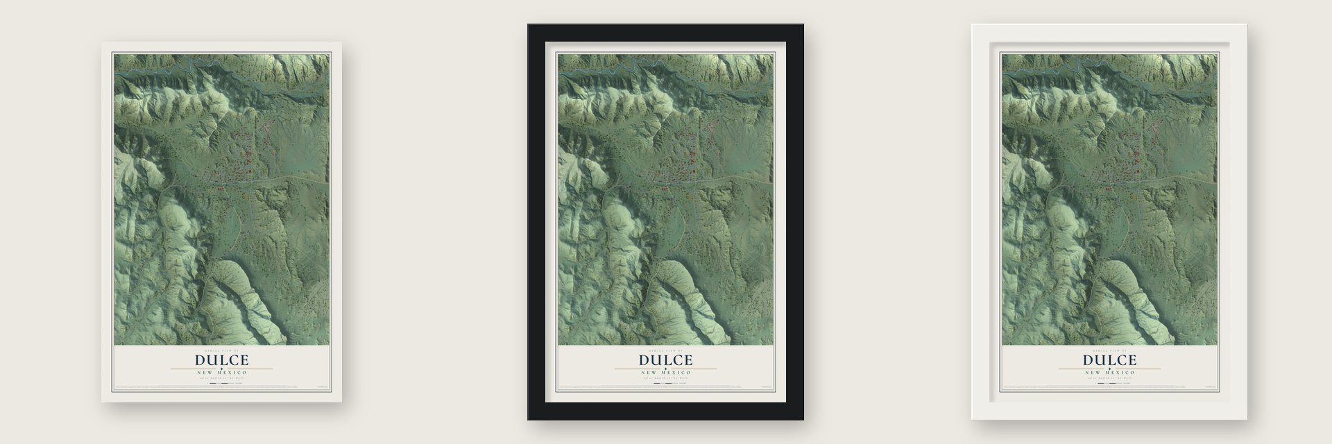 Dulce, New Mexico map unframed, in a black wood frame and in a white wood frame