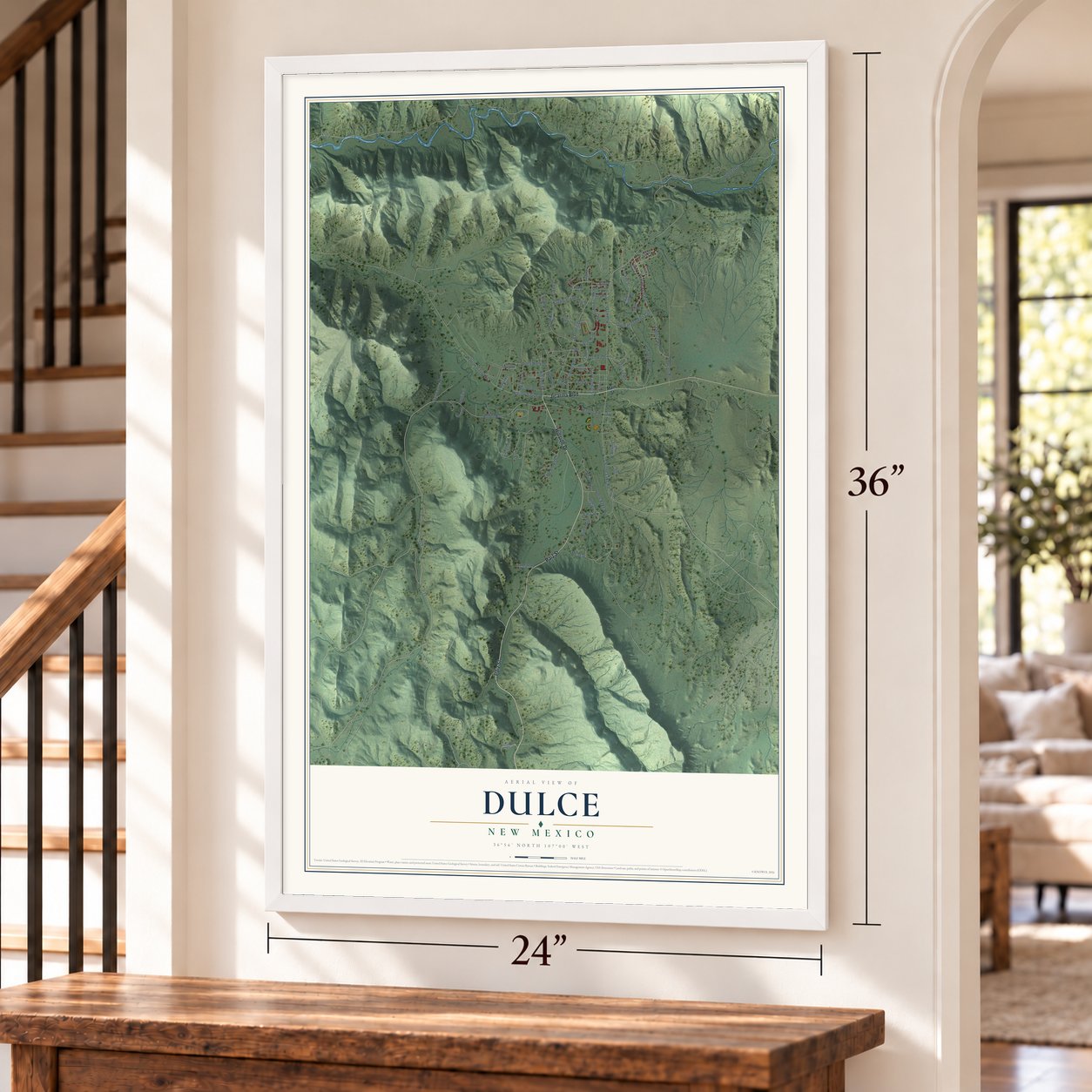 Dulce, New Mexico map, 24 x 36 inch print in a white frame by a staircase